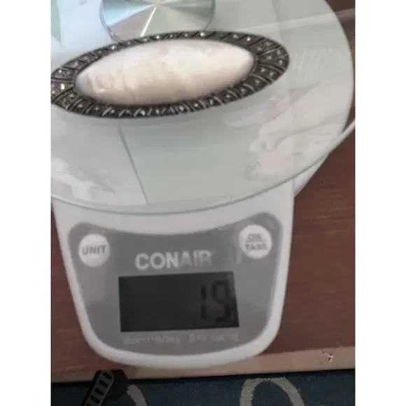 Vintage Sterling Silver 925 Marcasite Brooch with Mother of Pearl 2.75” Oval Pin - Picture 9 of 9